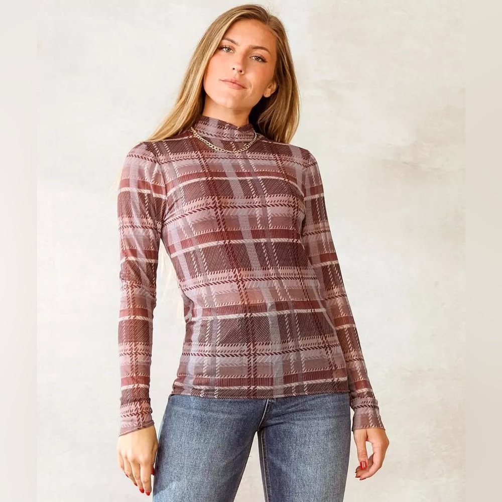 Willow & Root Plaid Mesh Knit Top